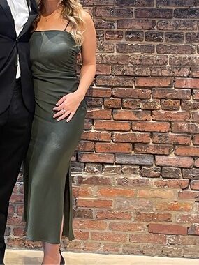 Zara Olive Satin Slip Dress with Side Slit